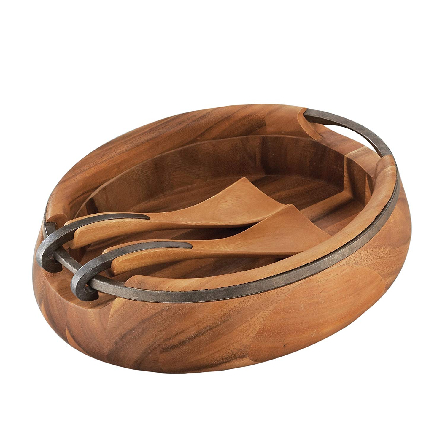 Nambe Acacia Wood And Iron Finished Metal Anvil Salad Set With 14