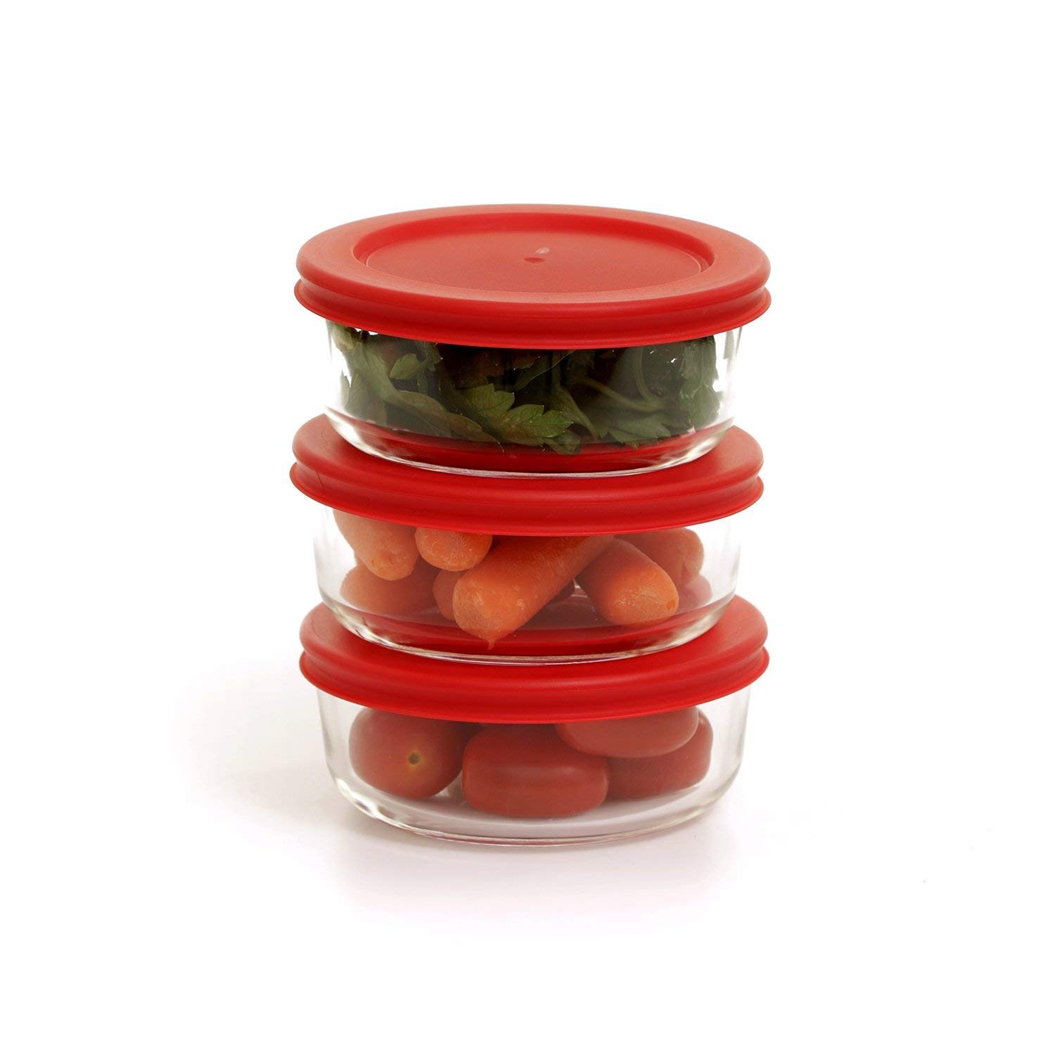 Details About Zanzer Round Glass Food Storage Container Lid Oven Safe 3 Pack 12 Oz Clear Red