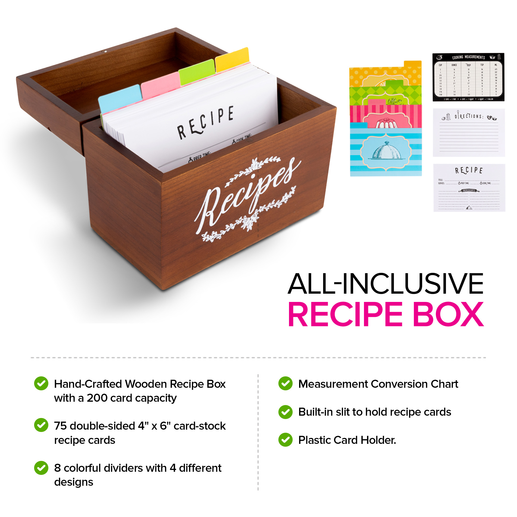 Vintage Wood Recipe Box with Recipe Holder 75 4x6 Recipe Cards, 10 Card