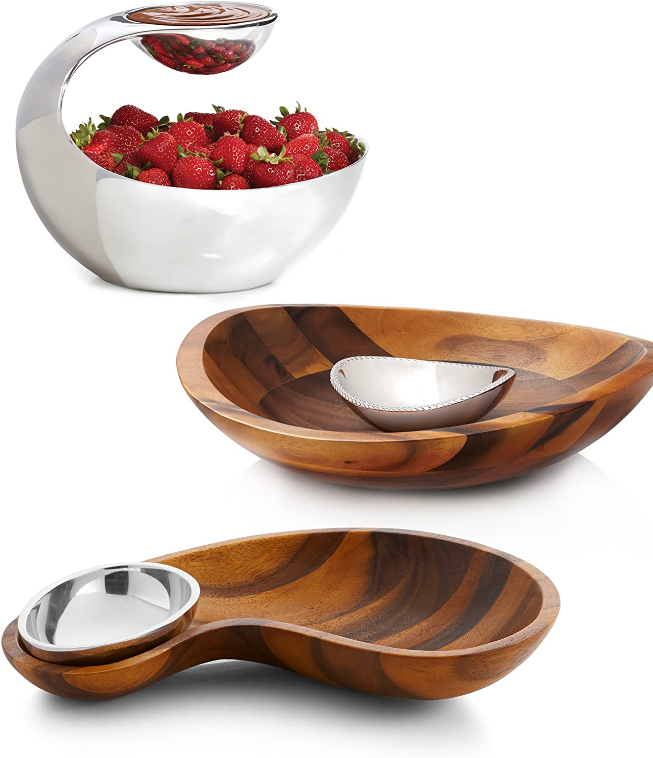 Nambe Braid Collection Chip and Dip Serving Bowl, Acacia Wood & Alloy
