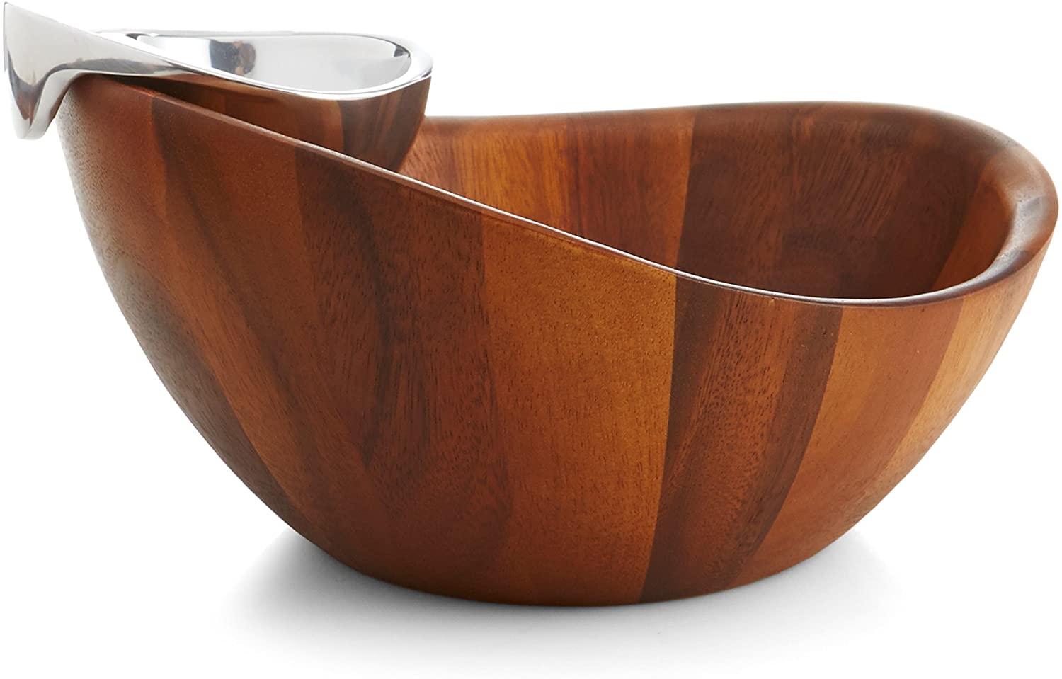 Nambe Harmony Chip and Dip Serving Bowl, Acacia Wood & Alloy Metal, 12