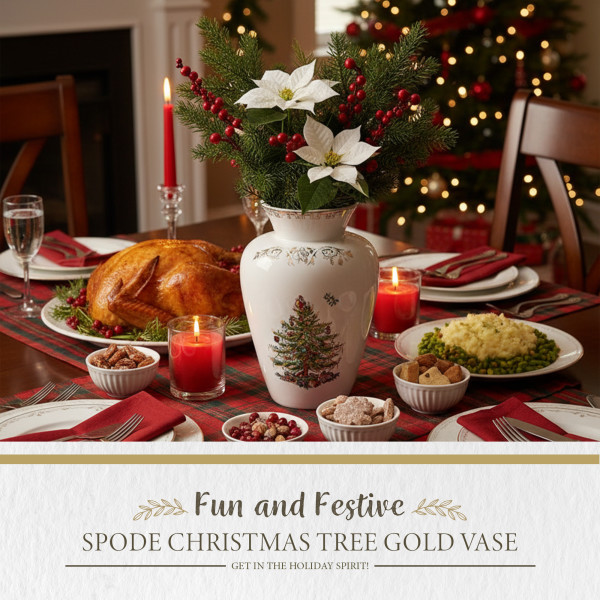 Spode Christmas Tree Gold Vase -with 22 Karat Gold Accents - 8