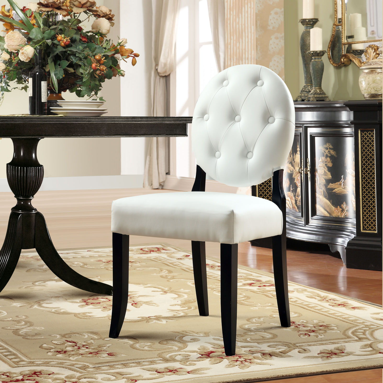 Lexmod Buttoned Ghost Chair in White Vinyl with Black Legs